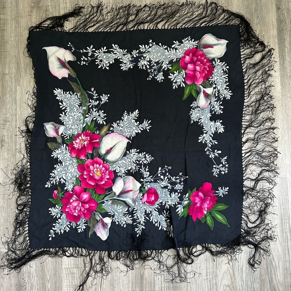 Floral Black Fringe Scarf